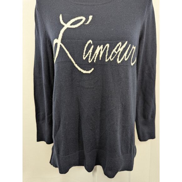 LOFT! DEEPEST NAVY BLUE LIGHTWEIGHT SWEATER, "L'AMOUR" KNIT GRAPHIC- CREAM! SZ M - Picture 4 of 8